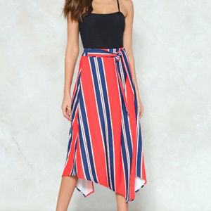 NASTY GAL Union Jack Tie Belt Hanky Hem Striped Midi Skirt S Red Blue